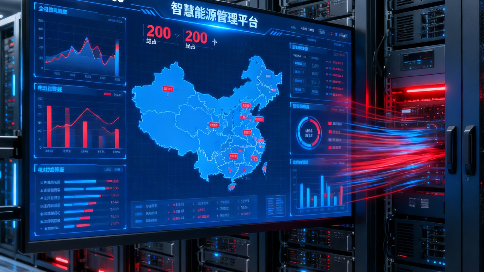数据中心的服务器机房里，来利国际w66的智慧能源管理平台正在实时监控全国超过200个站点的电力数据，大屏幕上显示着动态图表和地图。